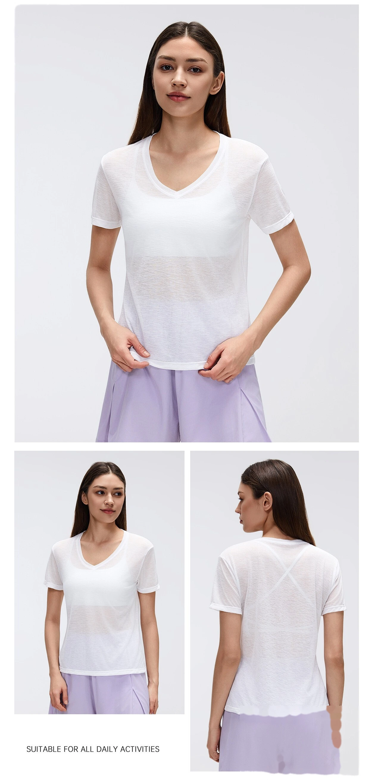 Bulk Custom V-Neck Yoga T-Shirt - Women's Summer Bamboo Yarn Lightweight Quick-Dry Gym Running Activewear detail
