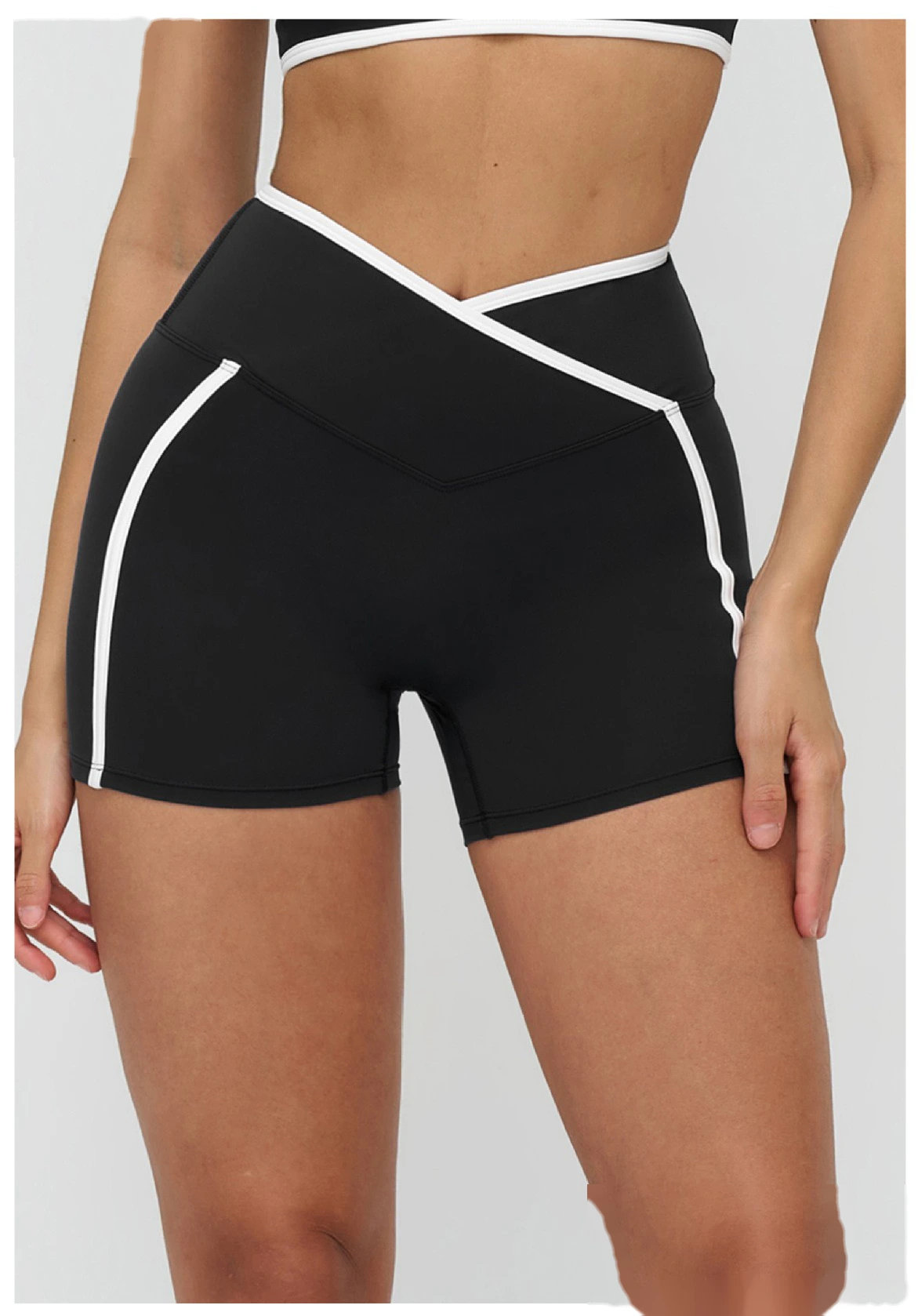 Custom Color Block Tight Workout Shorts - Buttery Soft Cross Waist Yoga Running Shorts detail