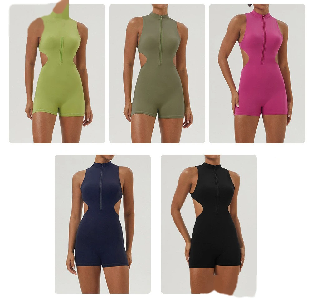 Customized sexy yoga jumpsuit shaping slim zipper stand collar sports jumpsuit shorts fitness suit detail