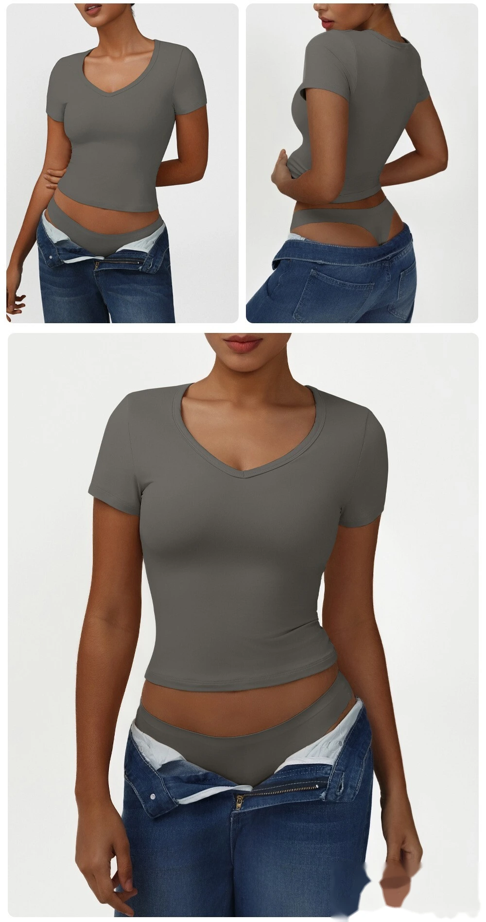 Custom tight fashion casual sports T-shirt small V-neck sexy high-elastic yoga clothes short-sleeved shirt detail