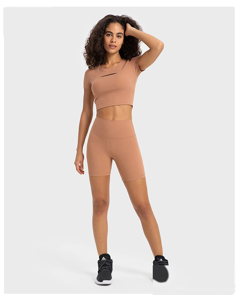 Customized rib sexy hollow short sports T-shirt women with chest pad slim yoga short sleeves detail