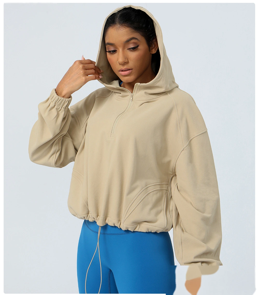 Custom hooded zipper loose yoga fitness jacket women's outdoor running coat long sleeve sweater detail