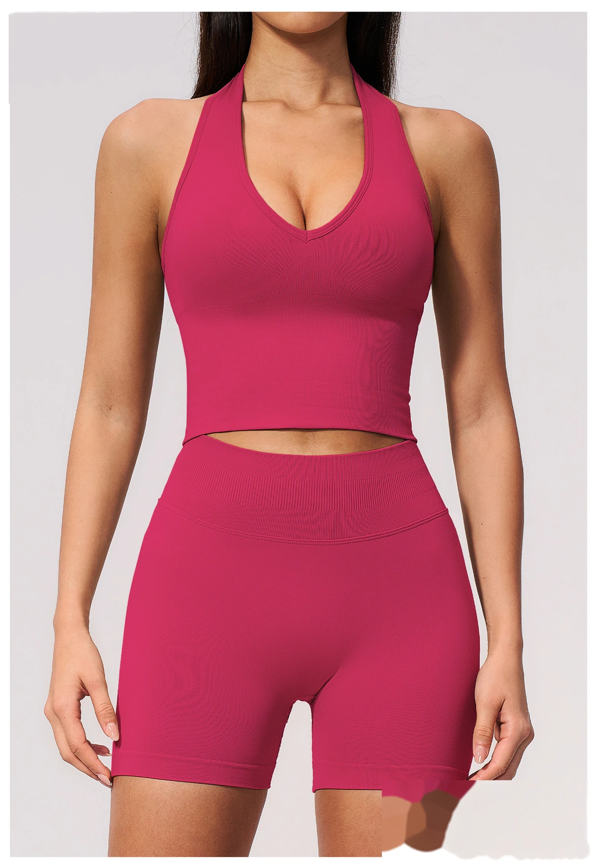 Custom Logo Seamless Sports Two Piece Set, Halter Neck V Front Yoga Top, High Waist Tummy & Hip Shaping Fitness Suit detail