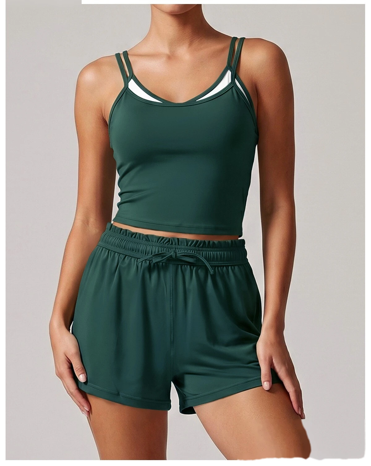 Women Summer Activewear Set, Sleeveless Yoga Top + Knit Tennis Shorts, Breathable Workout Suit for Training detail