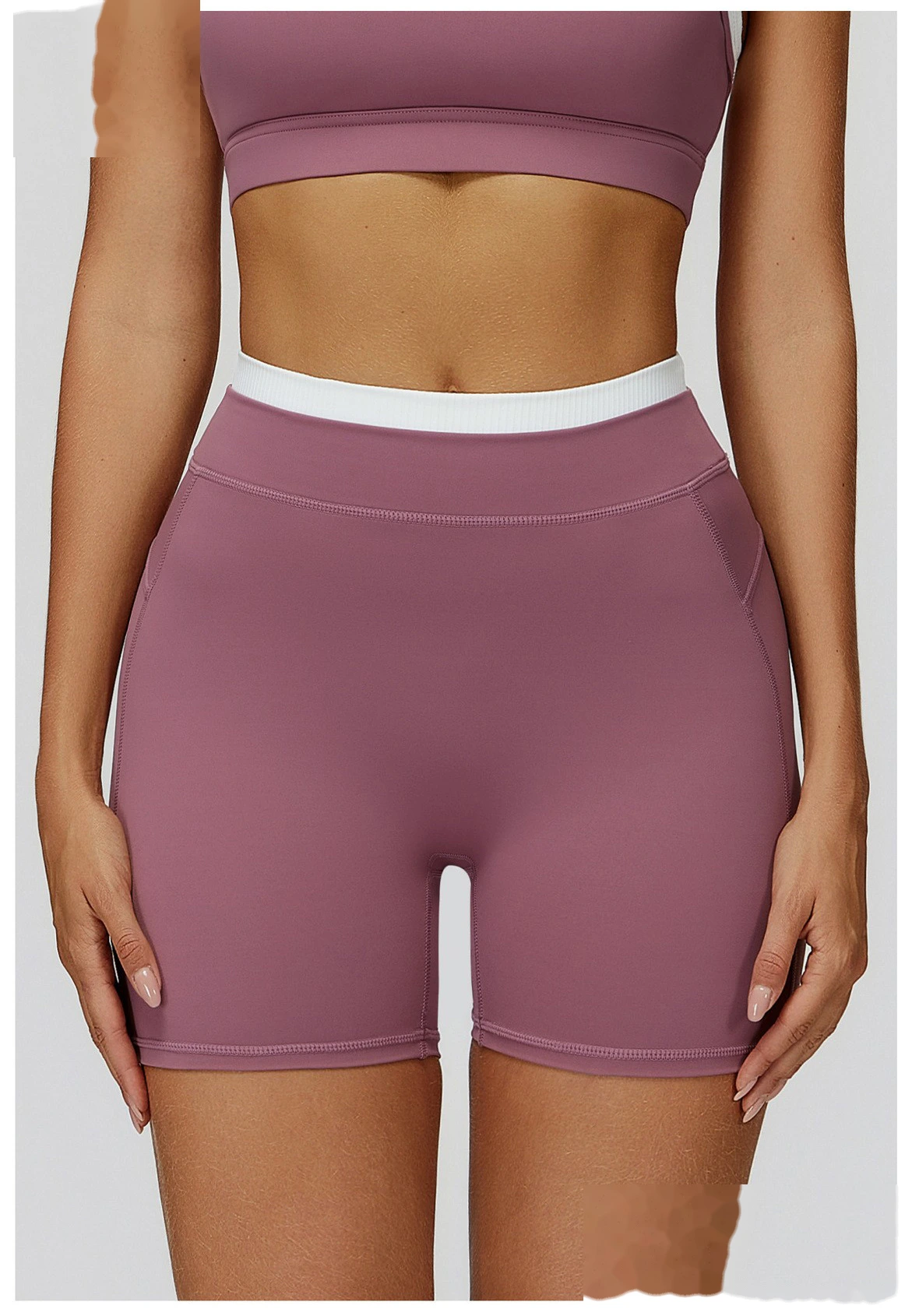 Customizable Naked-Feel Sports Shorts | Women's Contrast Ribbed High-Waist, Tight-Fit Yoga & Running Style detail