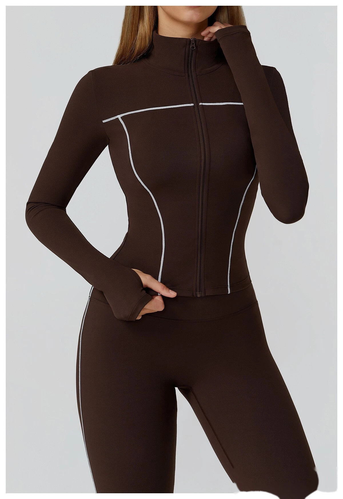 Custom contrast sanding yoga jacket zipper windproof slim coat outdoor sports running fitness clothes women detail