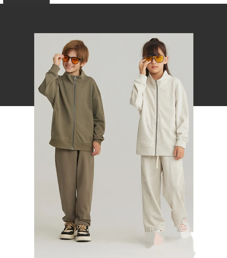 Customized spring and autumn cotton terry collar zipper cardigan jacket loose sports suit for boys and girls detail