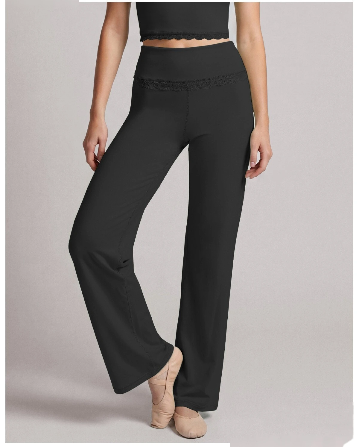 Custom 2 Piece Yoga Set, Lace Spliced Top & Straight Wide Leg Pants, Soft Stretch Activewear Outfit for Dance Training detail