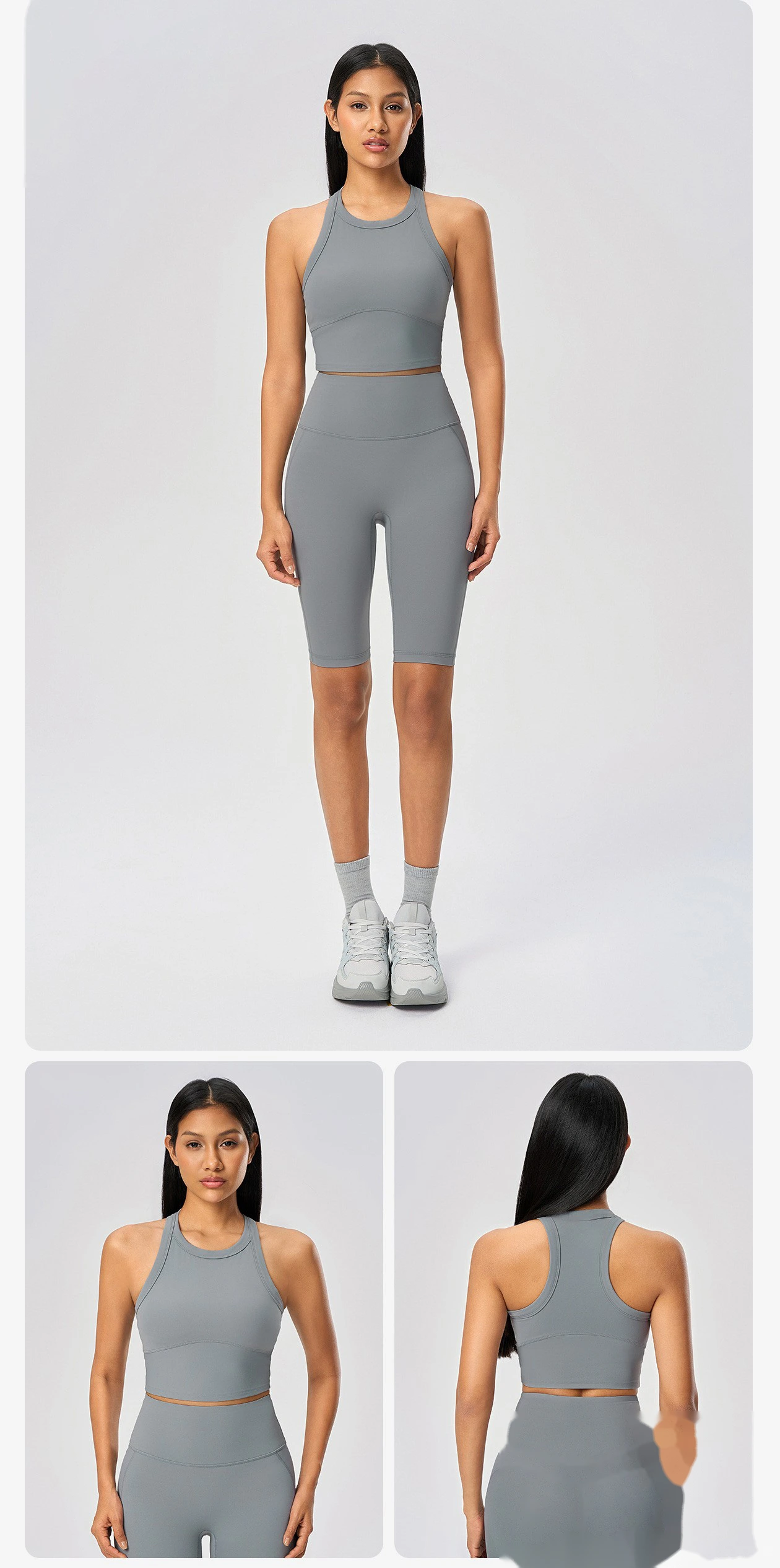 Short sleeveless sports vest female nude elastic fixed cup high round neck fitness yoga clothes top detail