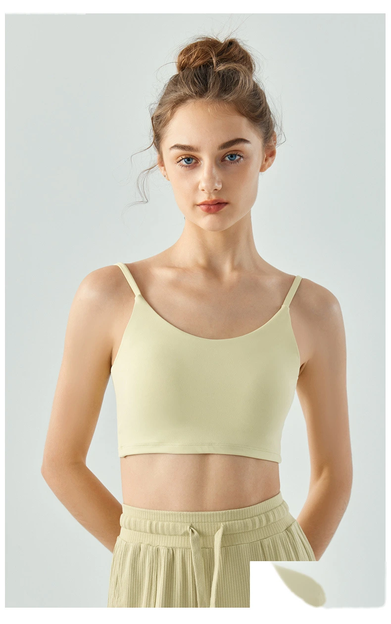 Women U neck spaghetti strap padded crop vest running fitness sports bra detail