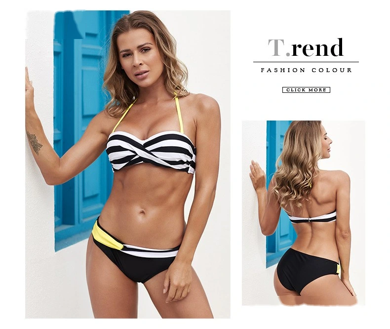 Womens bikini swimsuit stripe halter two-piece bathing suits detail