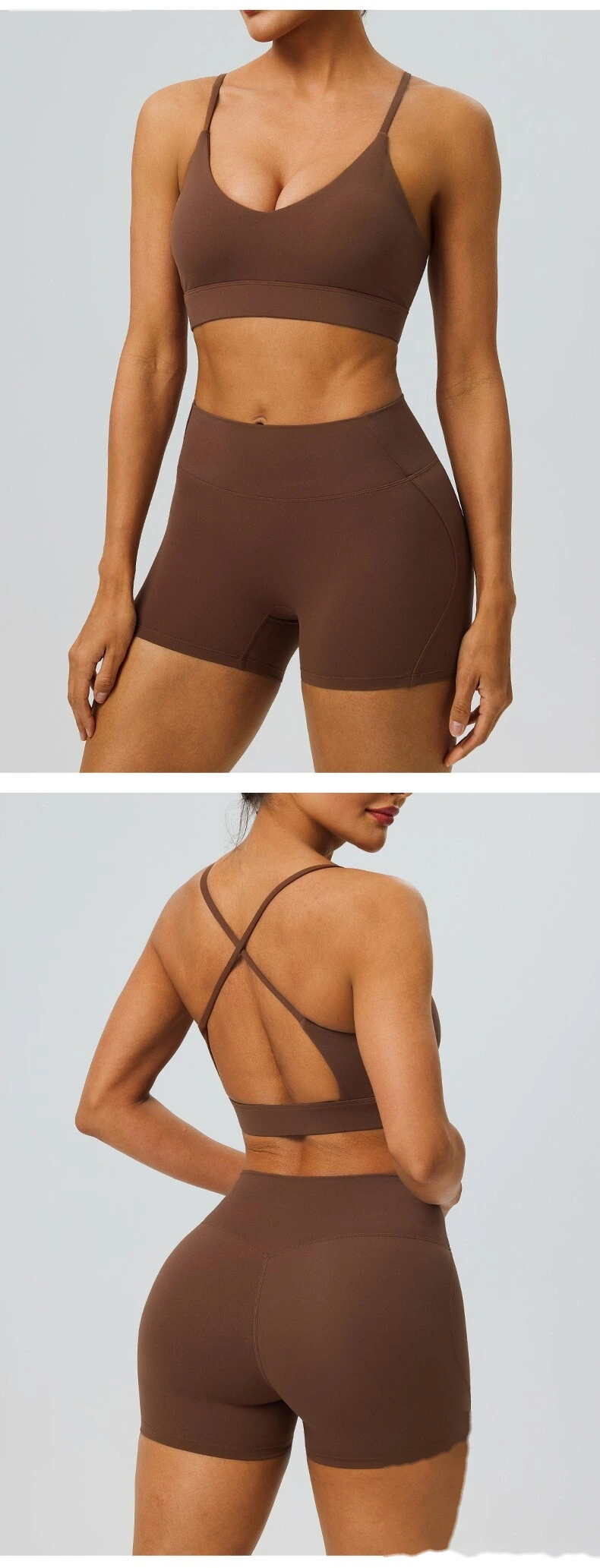 Custom Women’s Breathable Quick Dry Active Set Beauty Back Sports Bra High Waist Gym Shorts Fitness 2 Piece Outfit detail