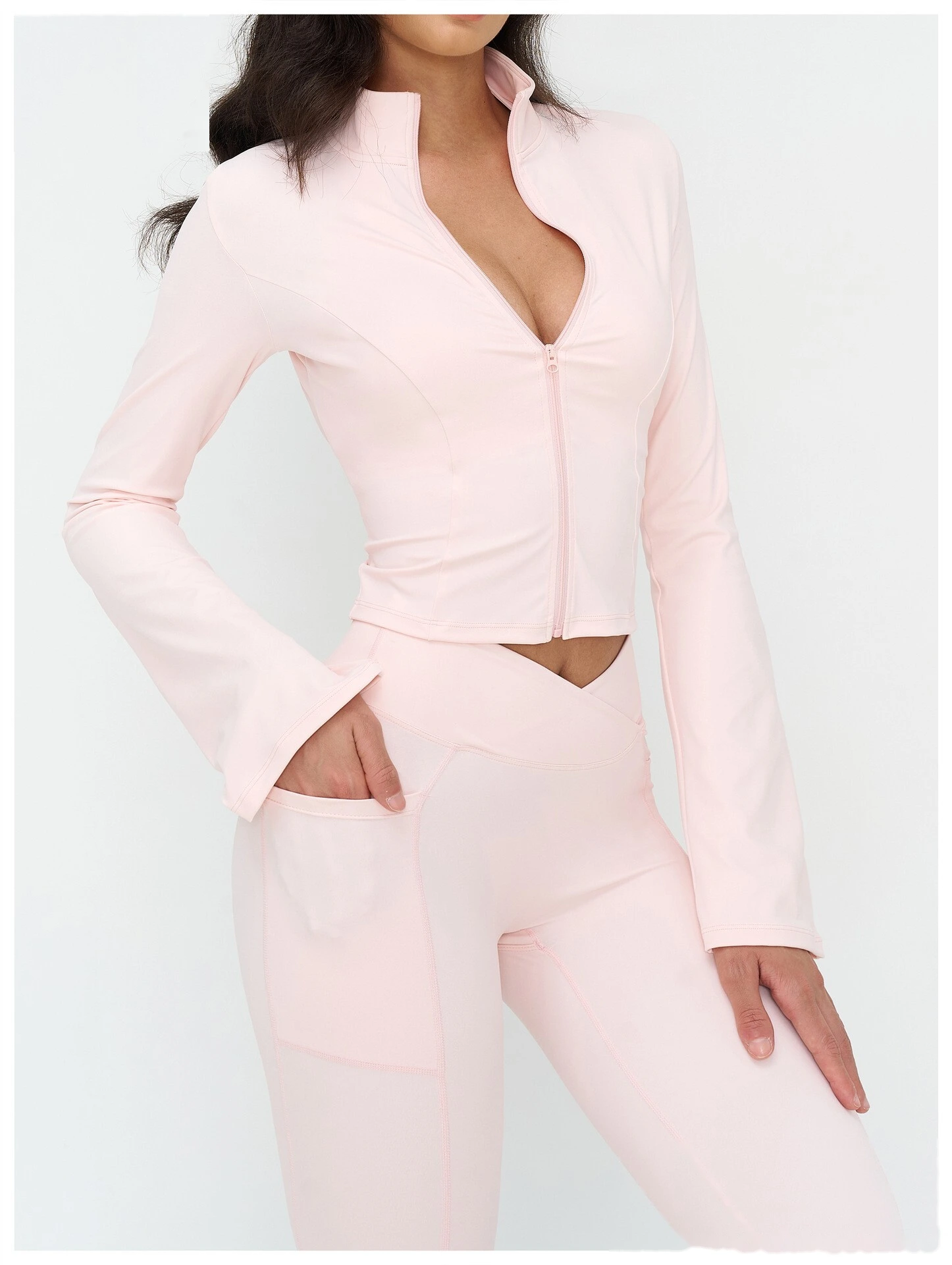 Custom Stand Collar Zip-Up Flare Sleeve Jacket - Outdoor Yoga Running Sports Coat detail