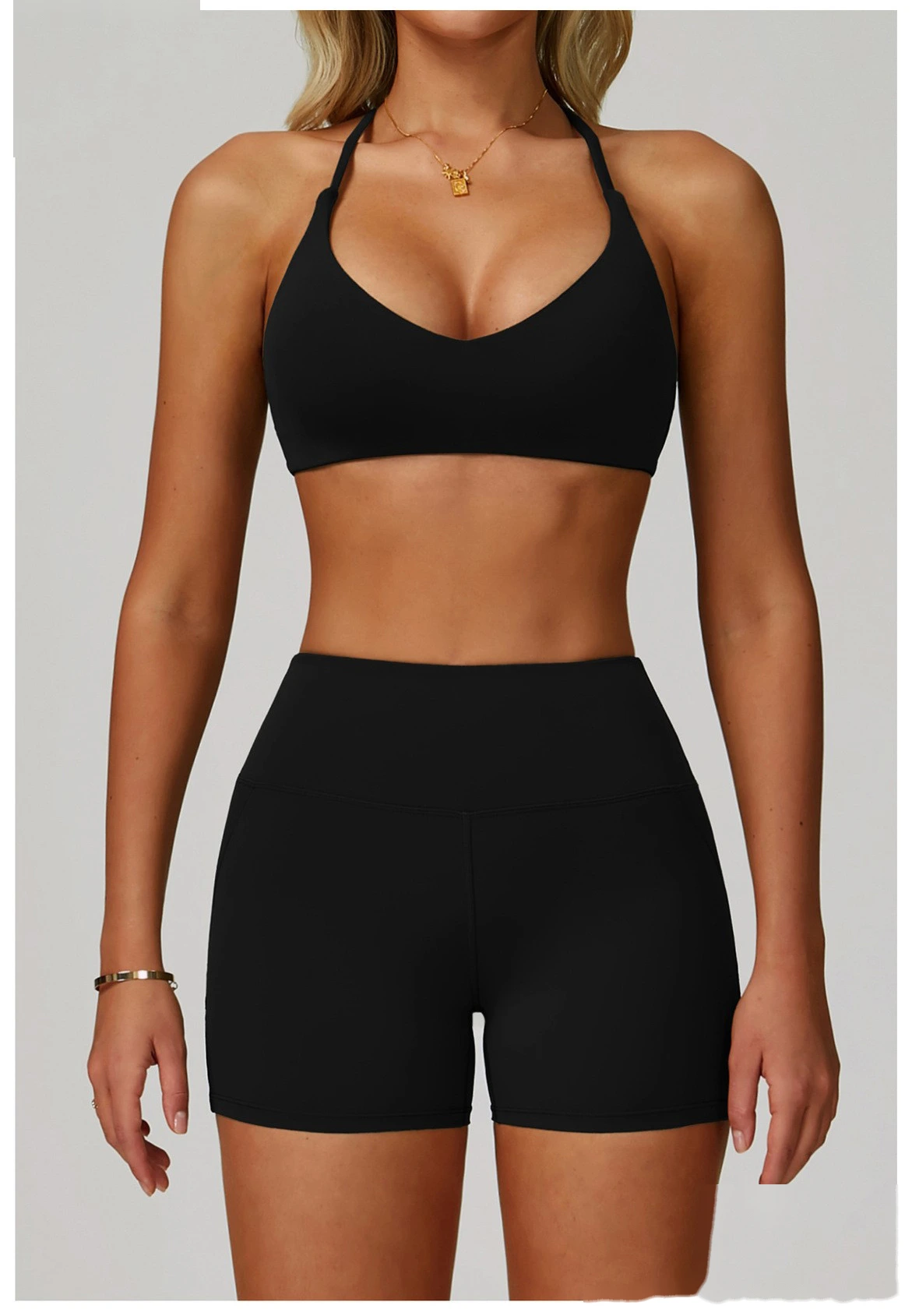 Sports suit women's beautiful back yoga suit tight micro-pull fitness suit detail