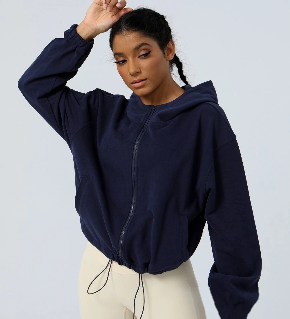 Custom loose casual sports full zip hoodies outdoor running drawstring hem jacket Factory Fast Delivery detail
