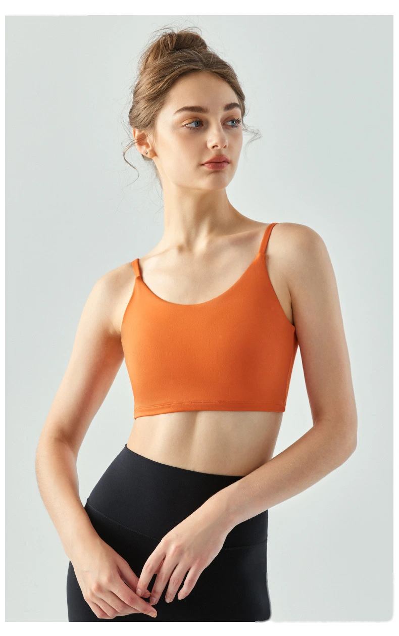 Women U neck spaghetti strap padded crop vest running fitness sports bra detail