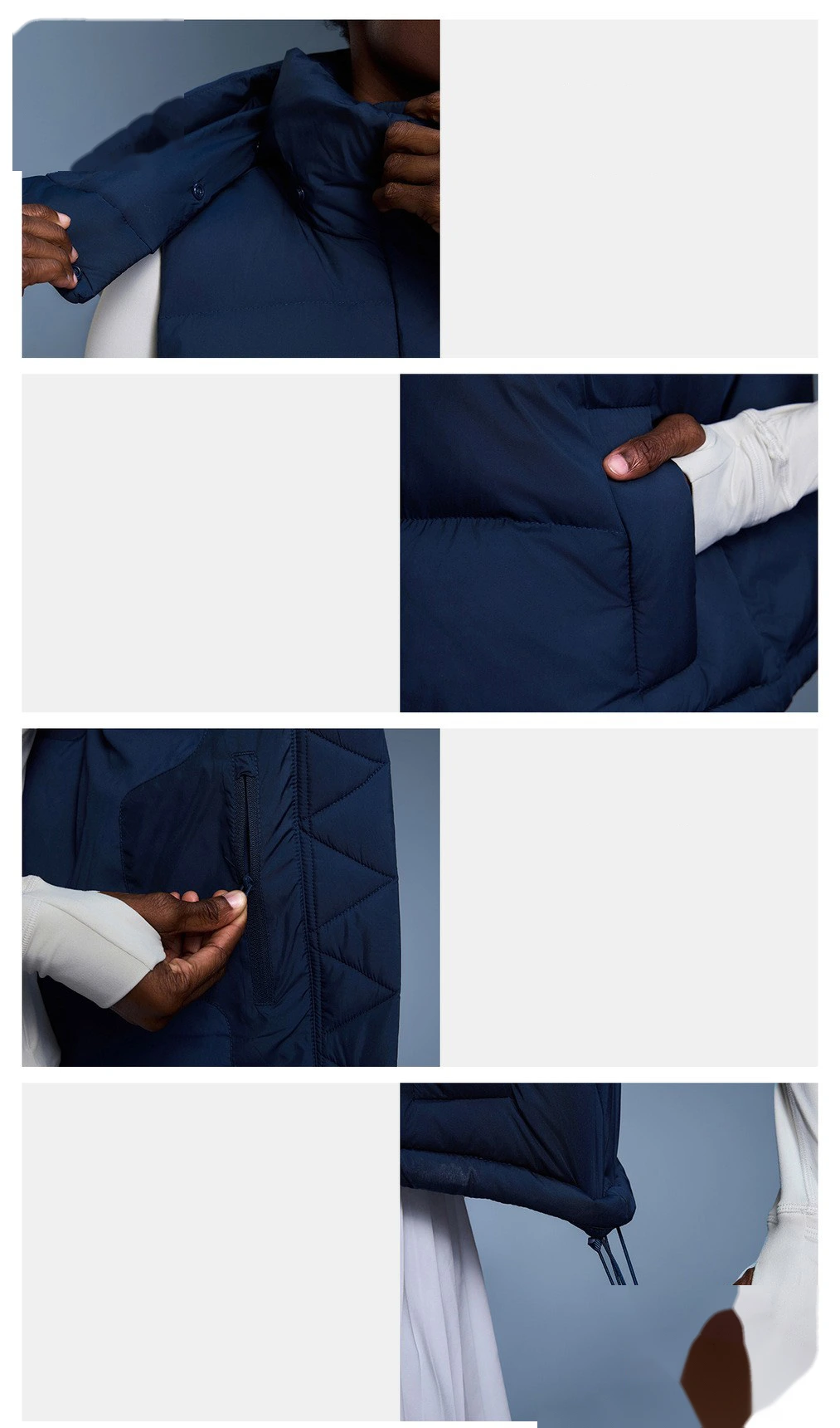 Custom windproof and warm hooded down vest jacket for women in winter. detail