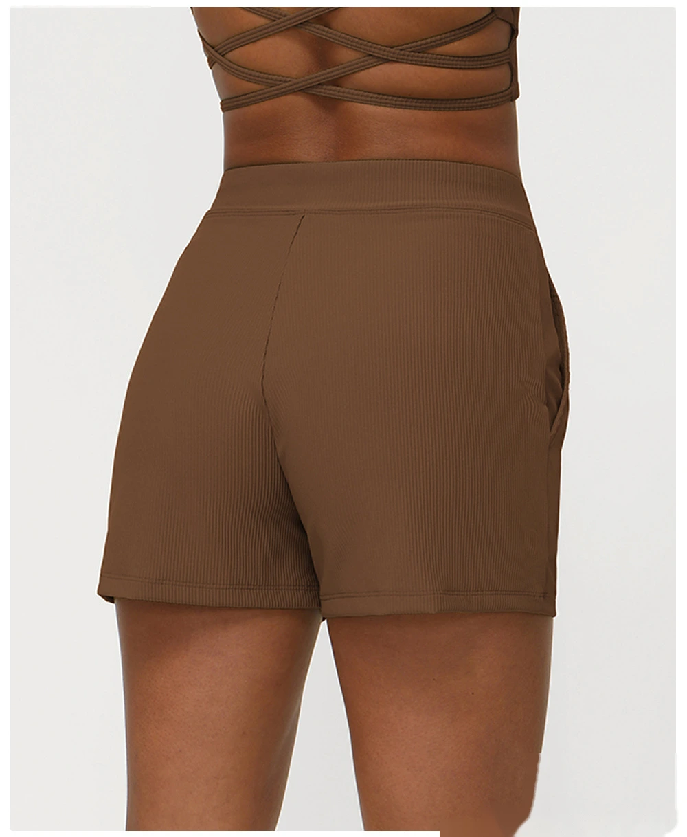 Customized rib loose casual shorts women's drawstring quick-drying yoga shorts pocket high elastic sports pants detail