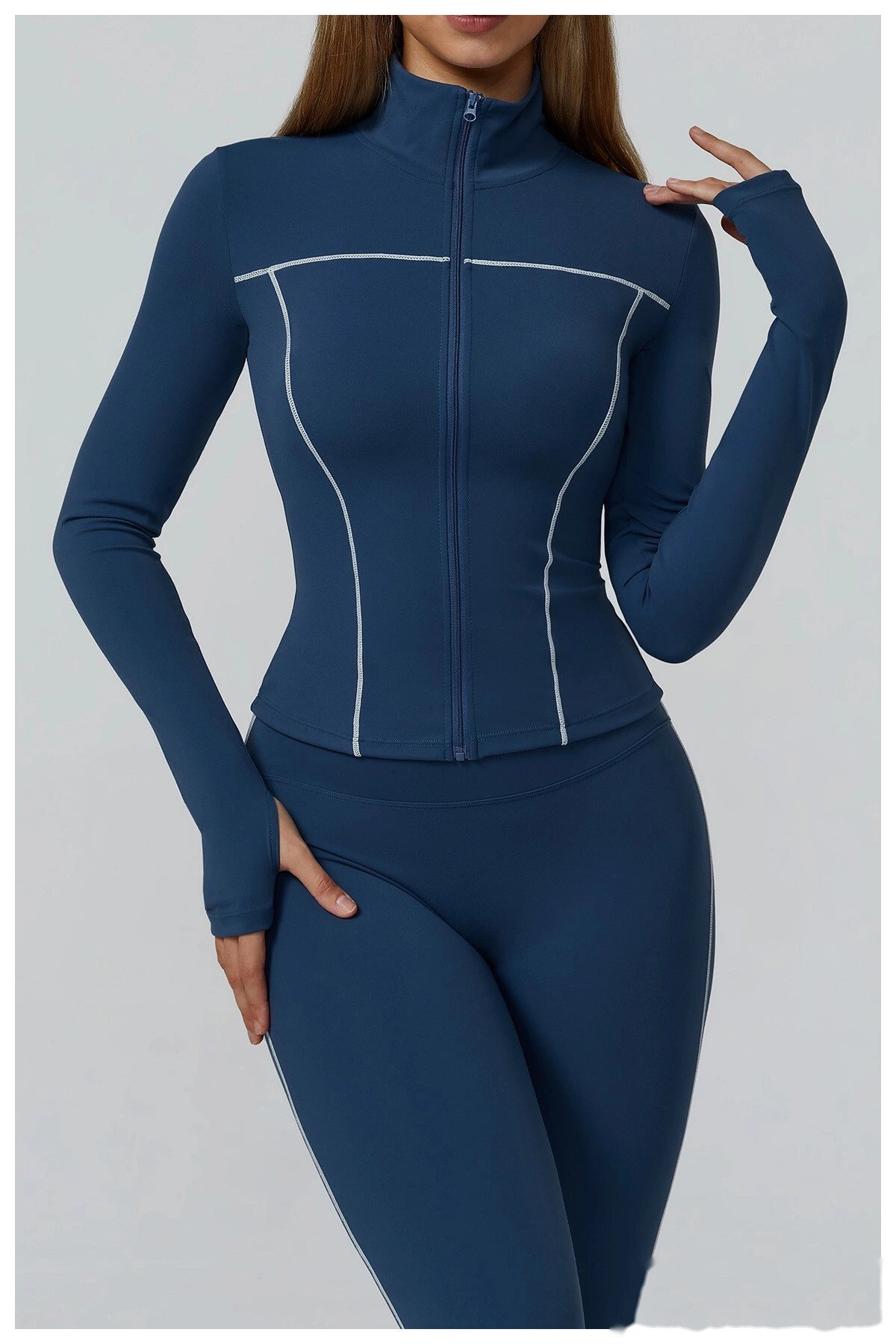 Custom contrast sanding yoga jacket zipper windproof slim coat outdoor sports running fitness clothes women detail