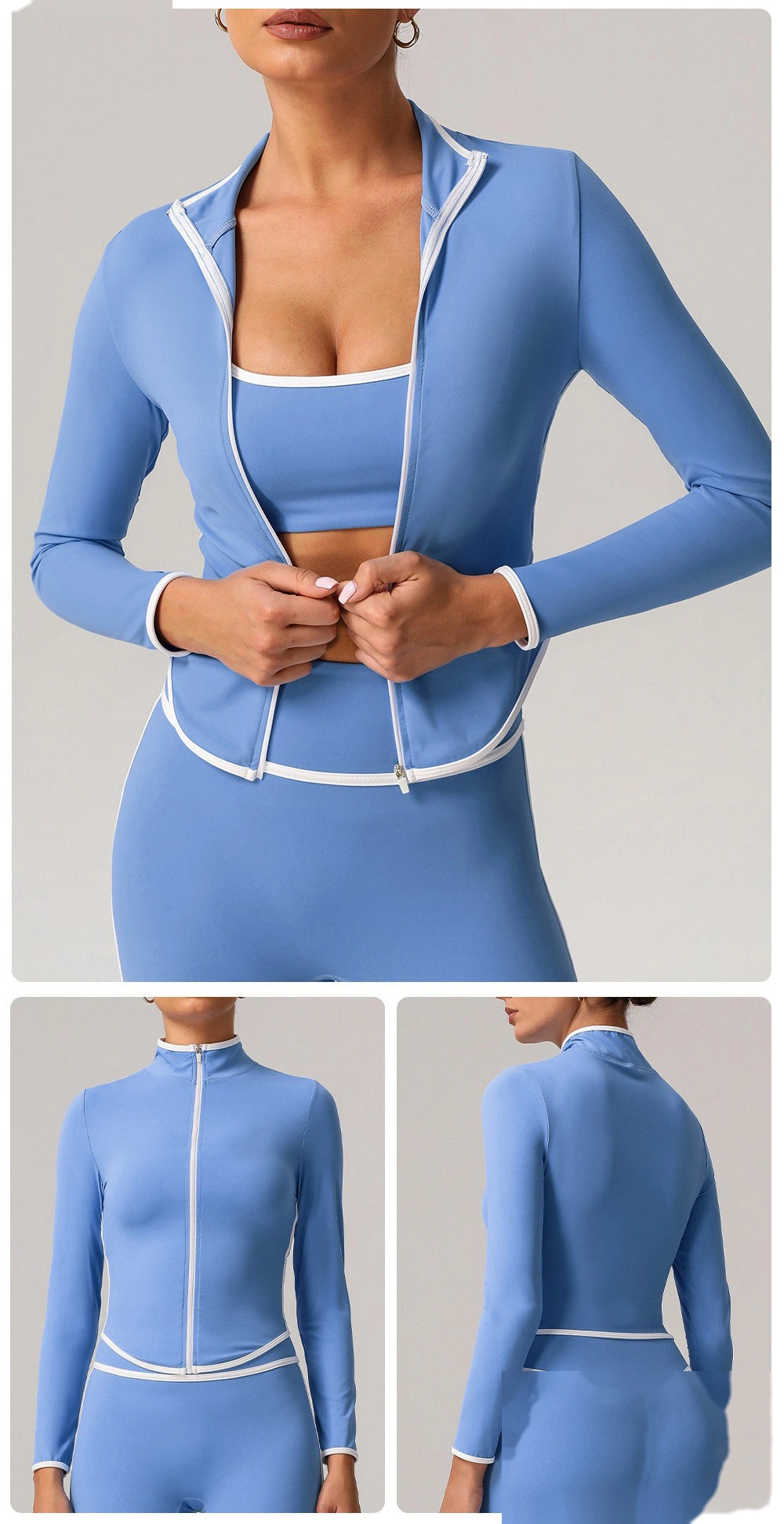 Customized contrast sports yoga coat stand collar long sleeve coat outdoor fitness clothes top detail