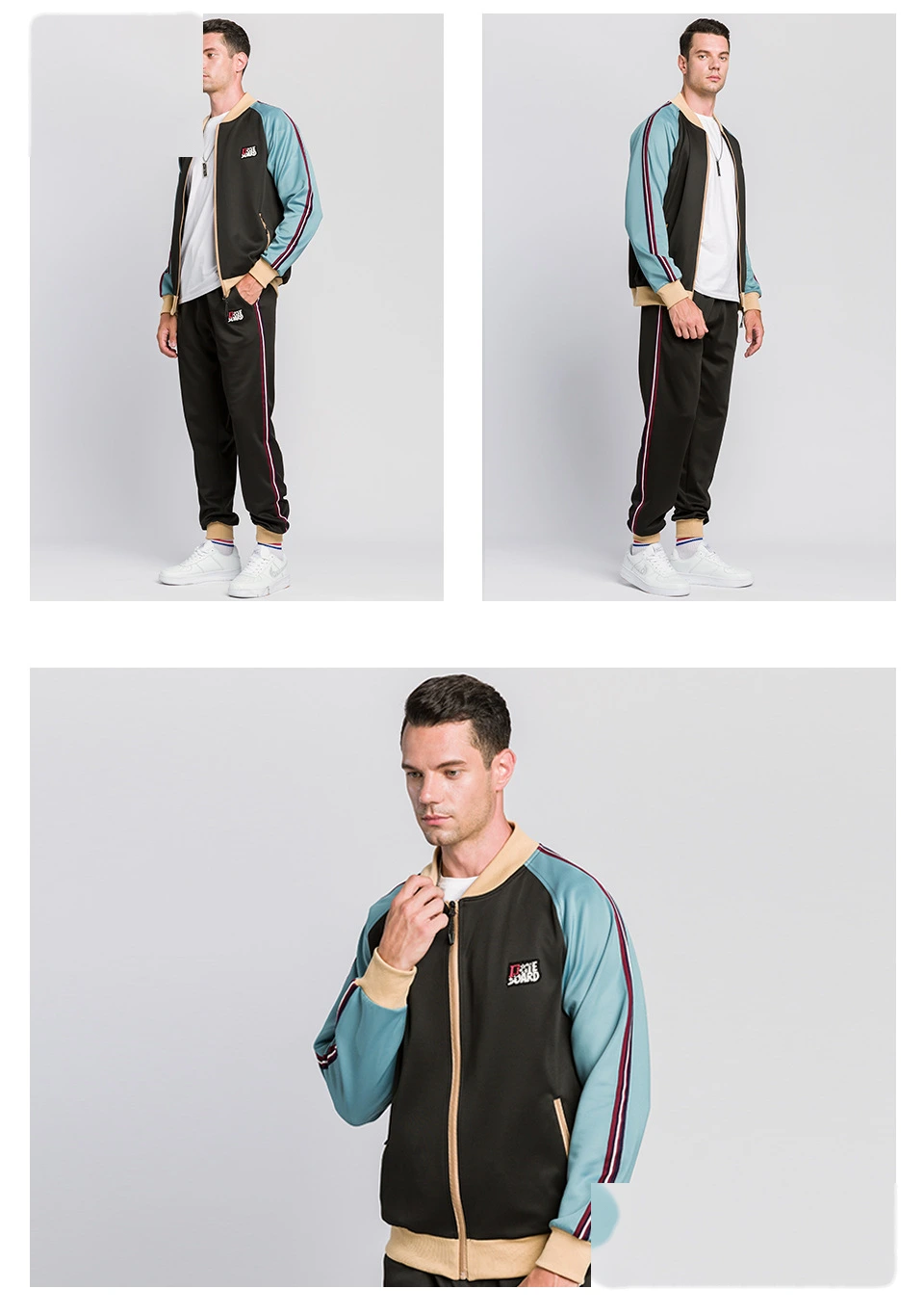 Mens sports jackets full zip color block stripe sweatshirts detail