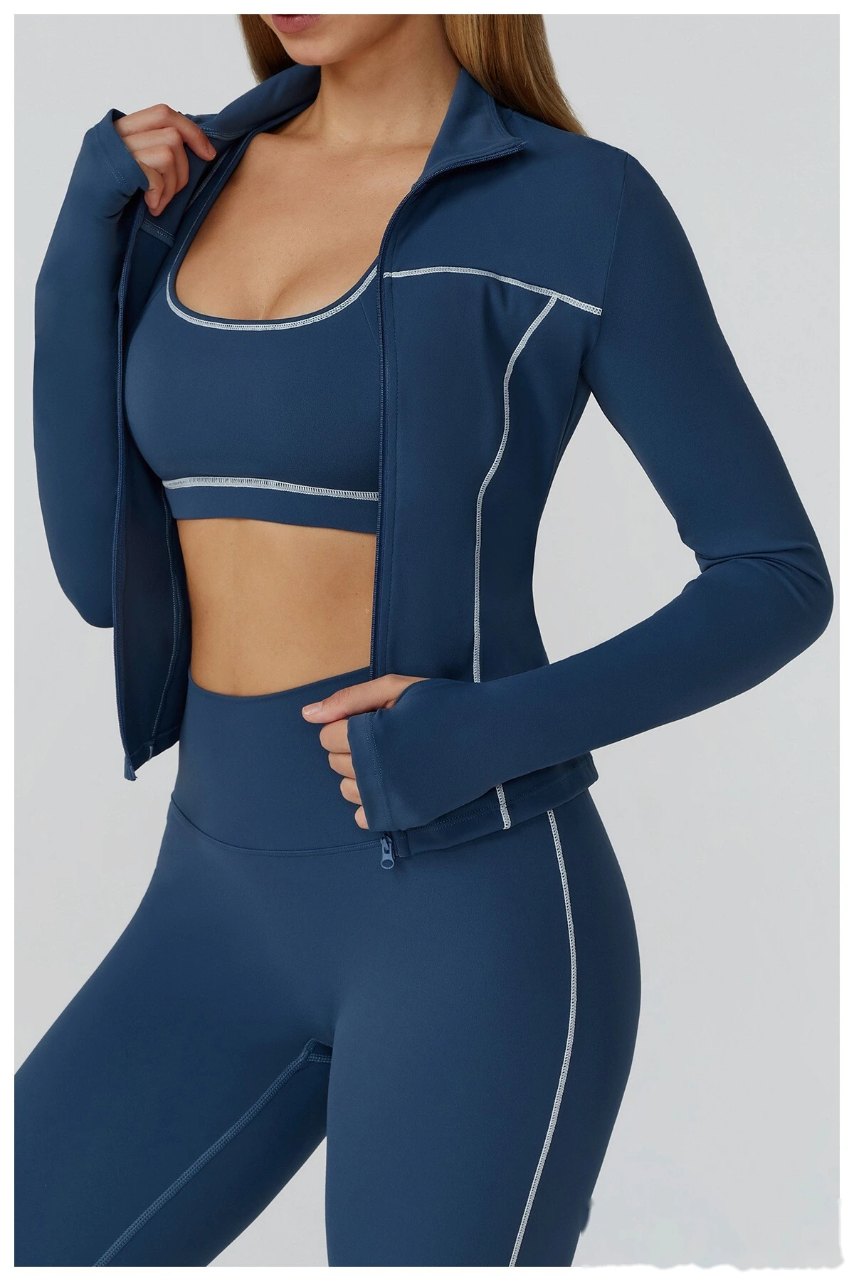 Custom contrast sanding yoga jacket zipper windproof slim coat outdoor sports running fitness clothes women detail