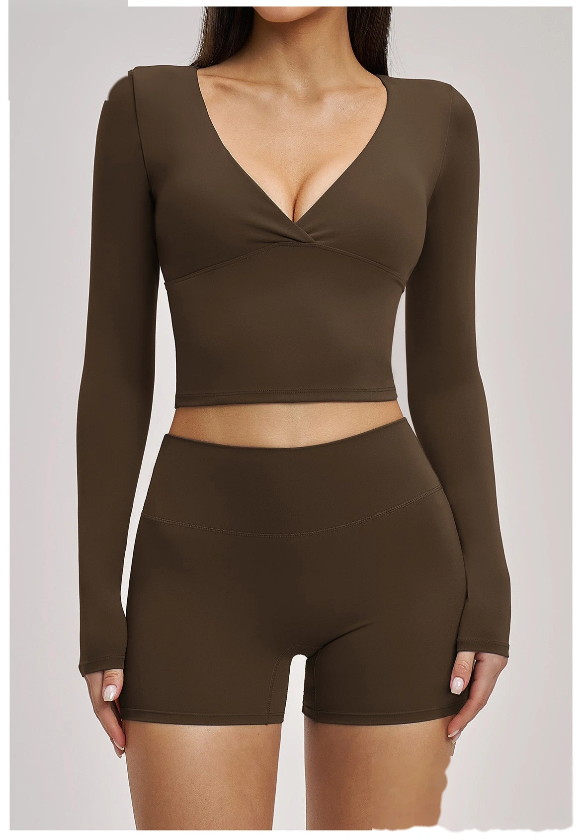 Women’s Custom Spring Summer High Stretch Slim Fit V-Neck Long Sleeve Yoga T-Shirt Fitness Workout Top detail