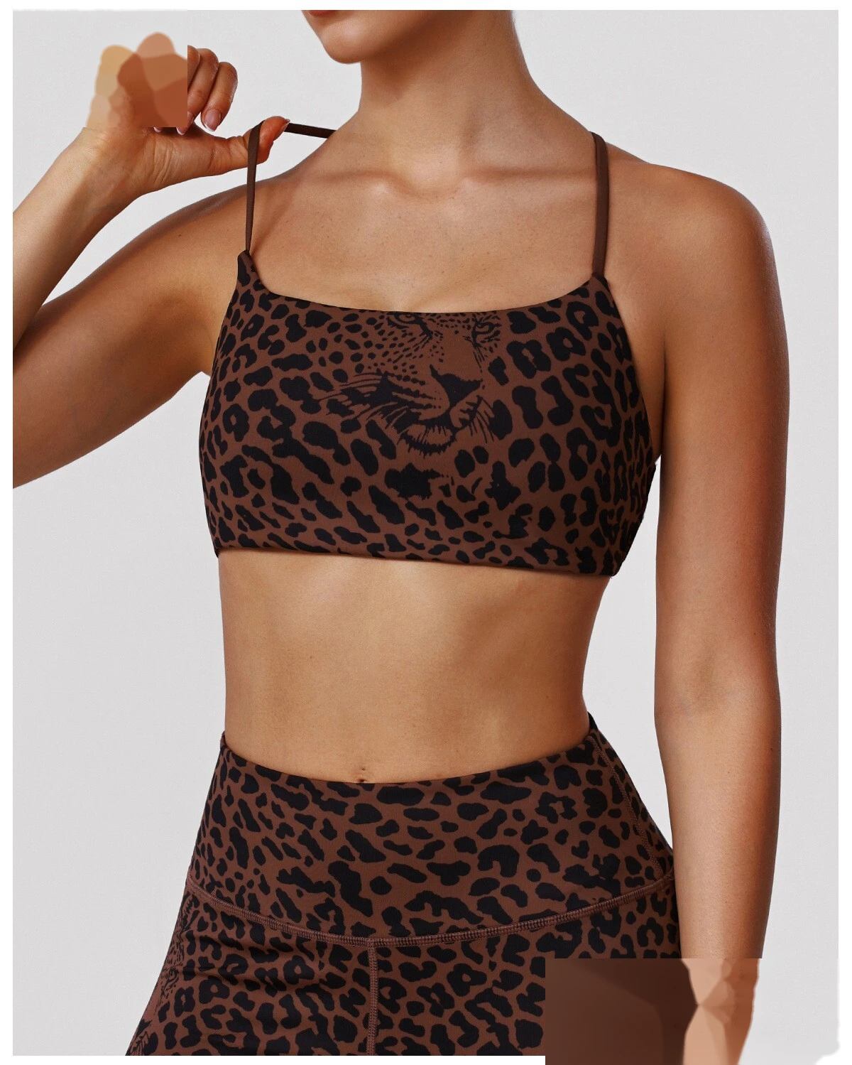 Bulk Custom Padded Leopard Sports Bra - Thin-Strap Criss-Cross Back High-Support Workout Yoga Bra detail