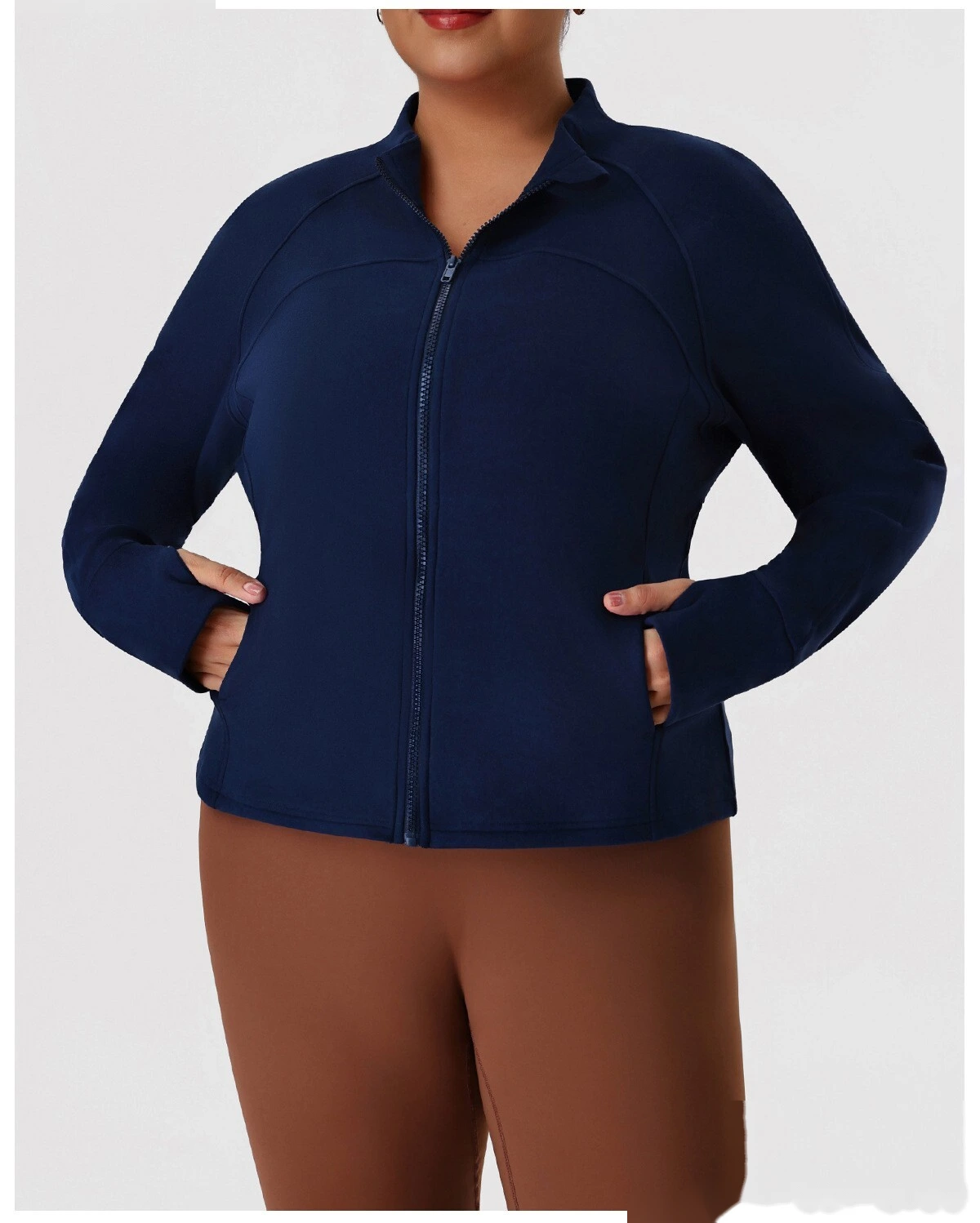 Custom Plus Size Slimming Fleece Sports Jacket for Women - Warm Figure-Hiding Stand Collar Plush Yoga Outerwear detail