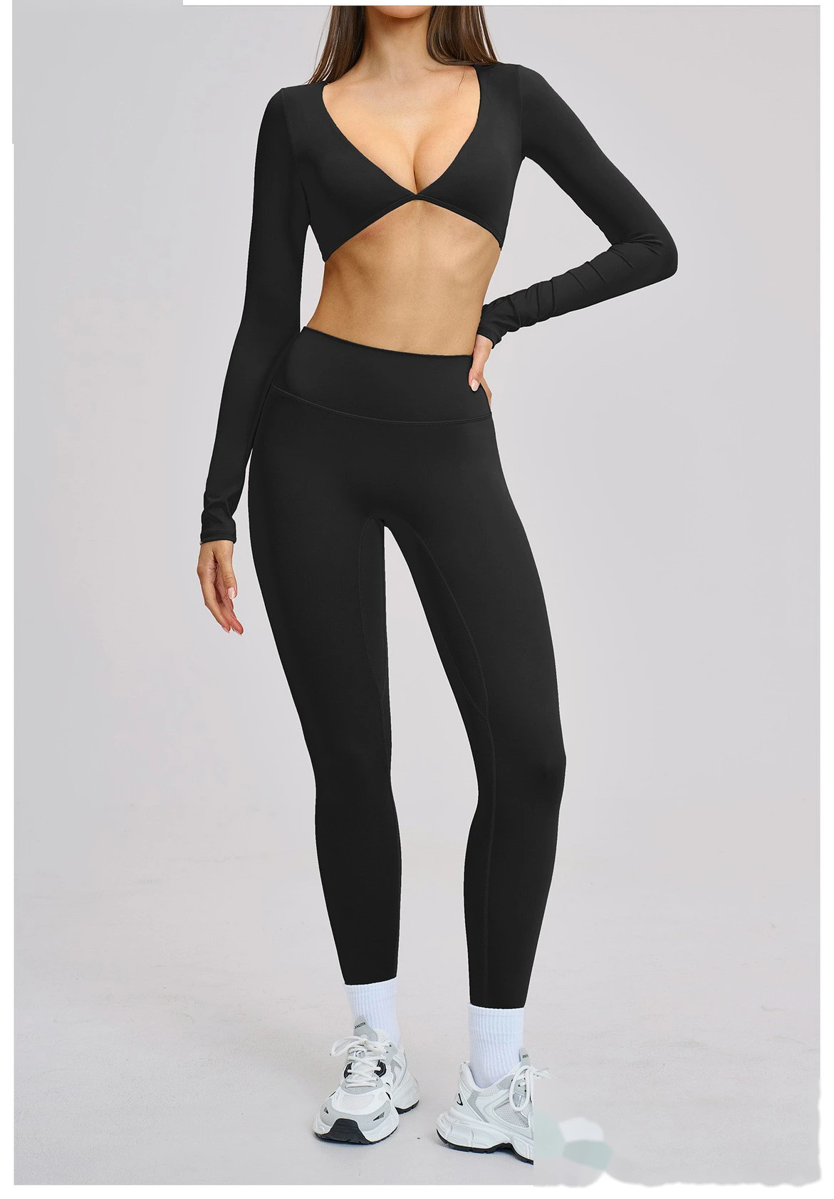 Women’s Custom Long Sleeve V-Neck Cropped Yoga Top Outdoor Fitness Workout Running Active Set detail