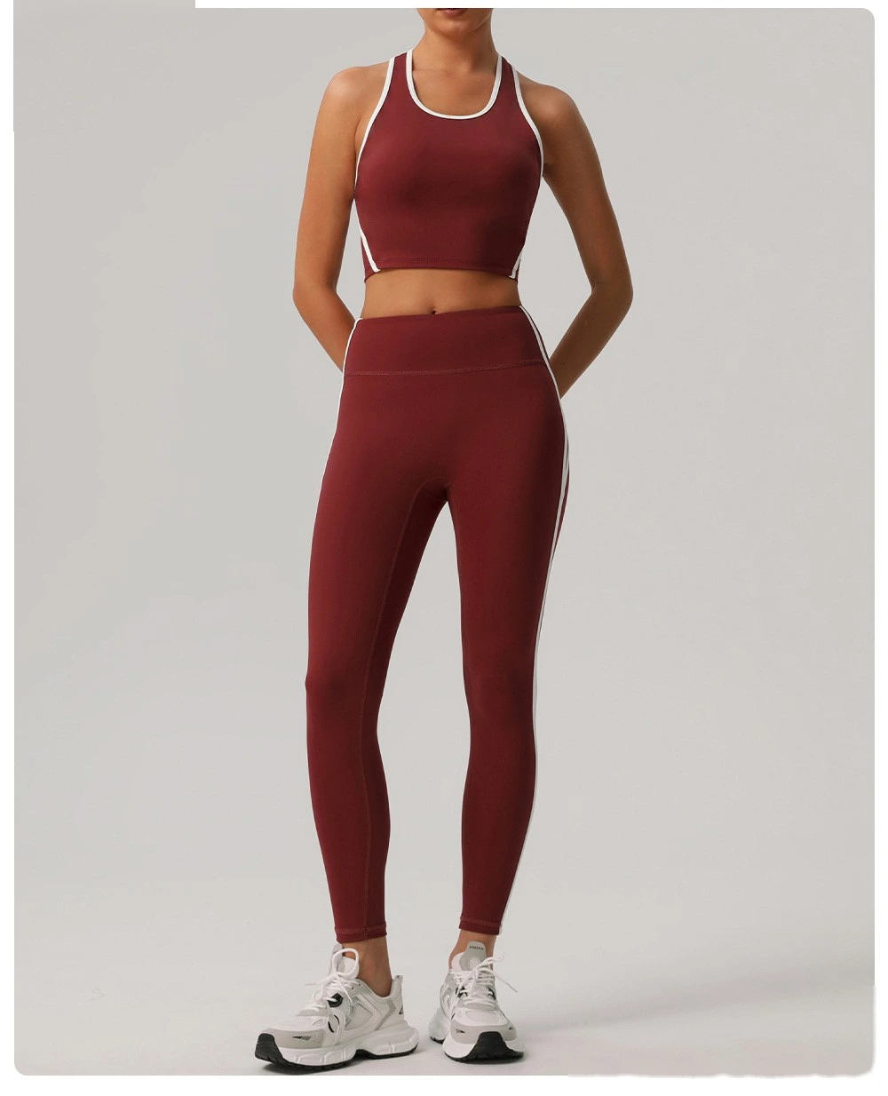 Customized European and American contrast high waist nude yoga pants ladies running fitness tight sports pants detail