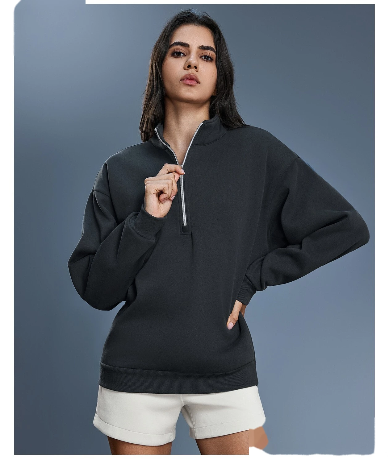 Custom Women's Winter Half-Zip Sweatshirt | Fleece-Lined Stand Collar, Loose Fit & Warm detail
