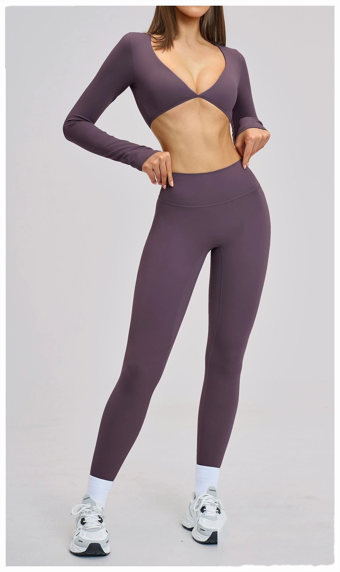 Women’s Custom Long Sleeve V-Neck Cropped Yoga Top Outdoor Fitness Workout Running Active Set detail