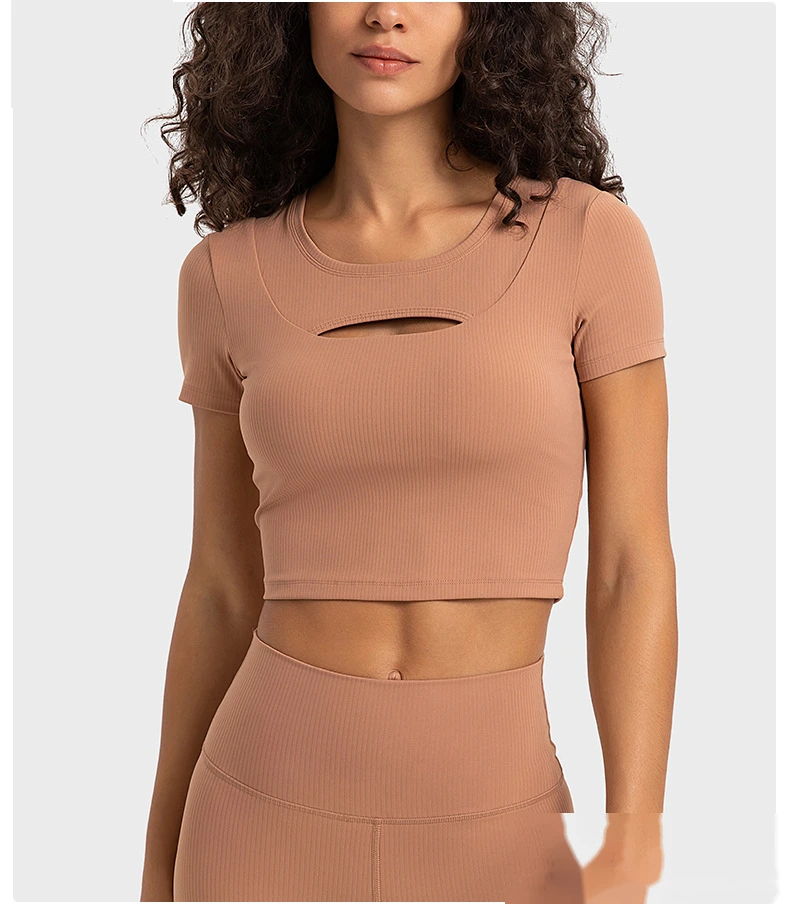 Customized rib sexy hollow short sports T-shirt women with chest pad slim yoga short sleeves detail
