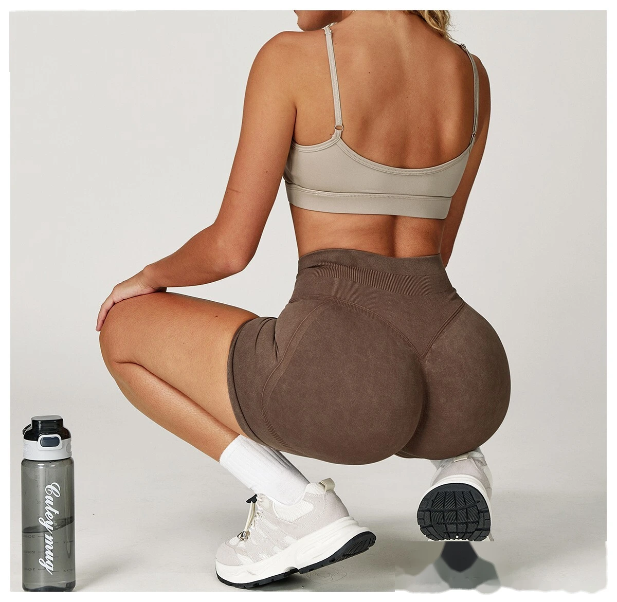 Seamless sand washing yoga shorts high waist hip shorts tight running fitness yoga pants female - allni detail