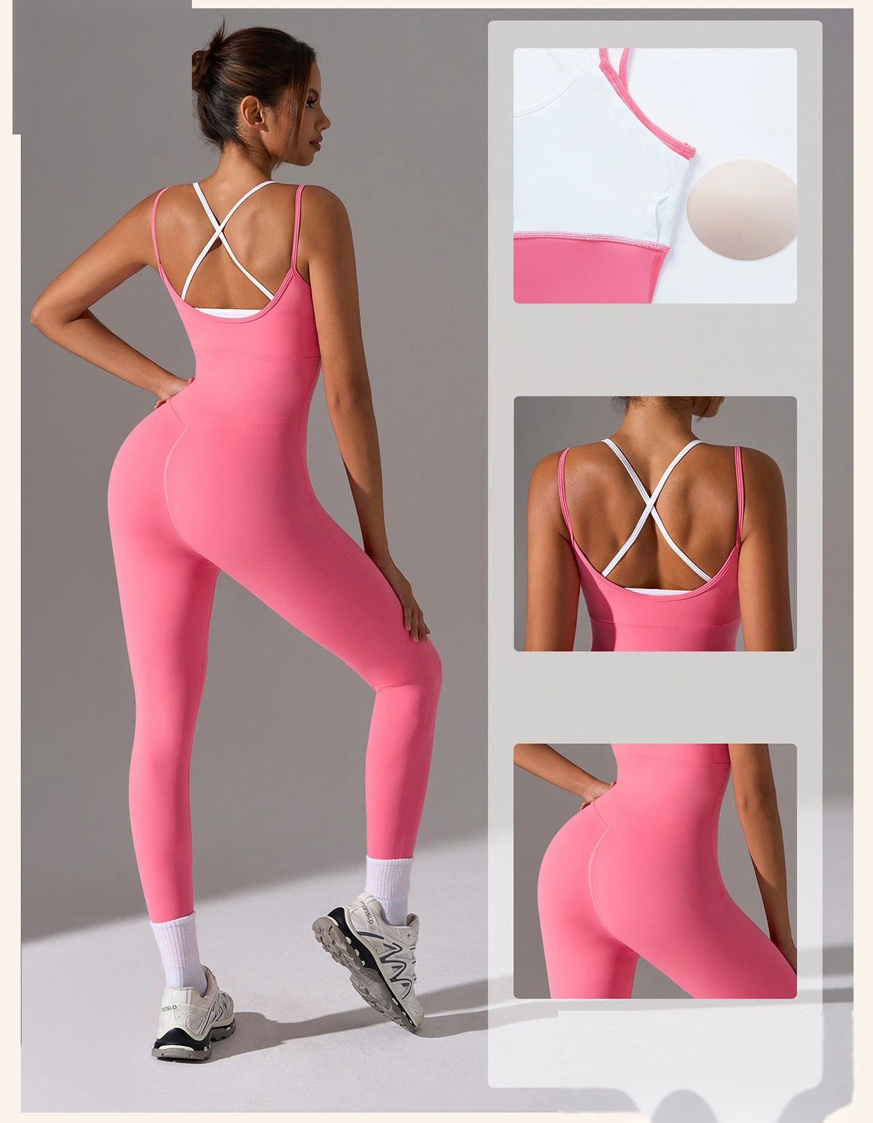 Custom Women’s Fake Two Piece Design Yoga Bodysuit Sexy Beauty Back Slim Fit Workout Jumpsuit detail