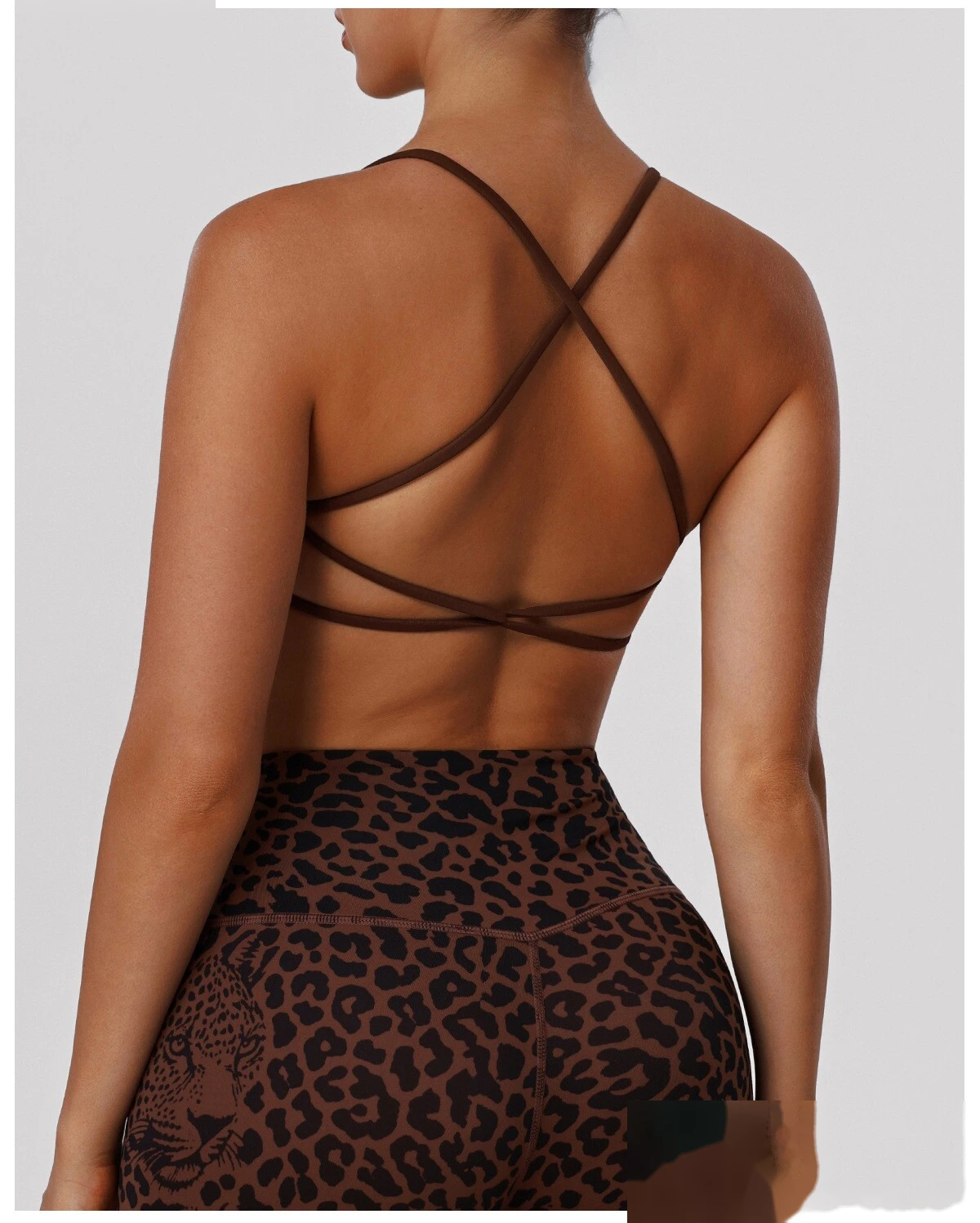 Bulk Custom Padded Leopard Sports Bra - Thin-Strap Criss-Cross Back High-Support Workout Yoga Bra detail