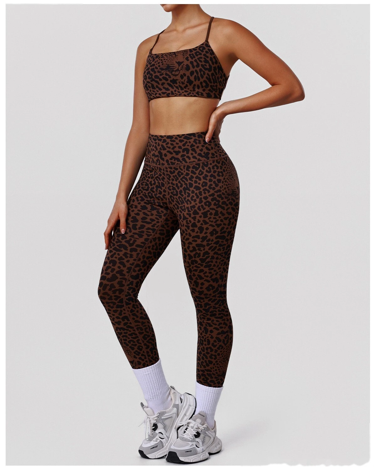 Bulk Custom Padded Leopard Sports Bra - Thin-Strap Criss-Cross Back High-Support Workout Yoga Bra detail