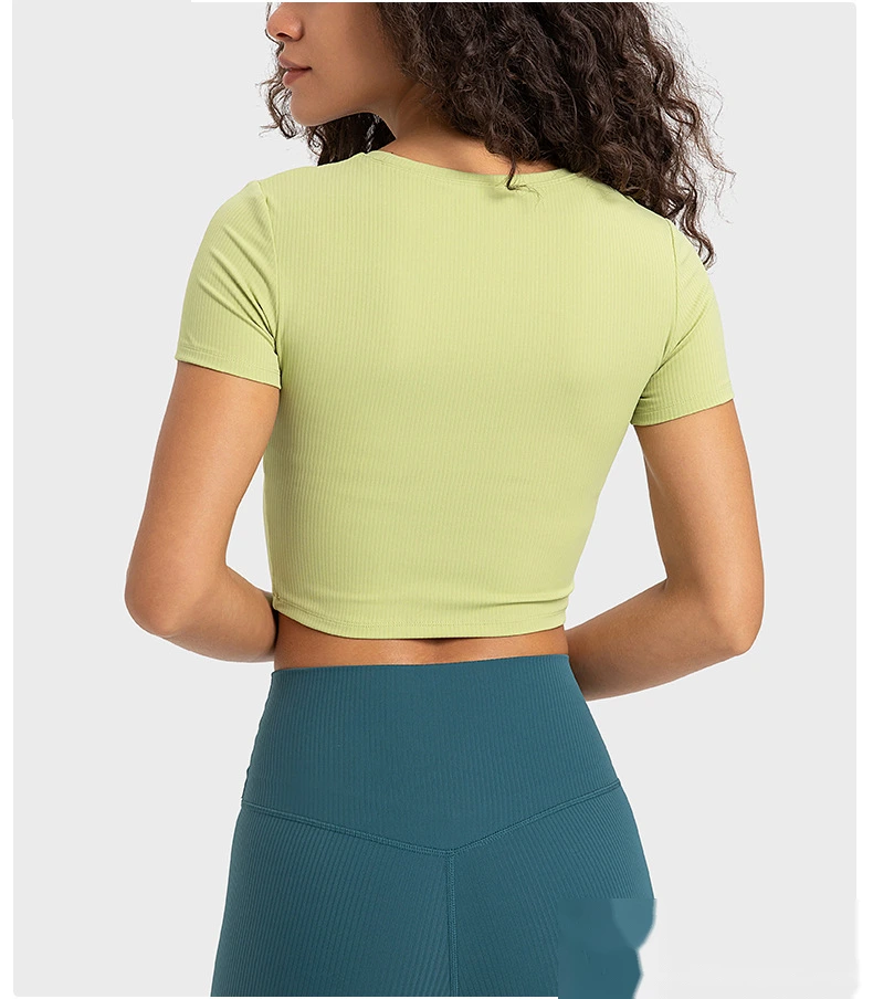 Customized rib sexy hollow short sports T-shirt women with chest pad slim yoga short sleeves detail