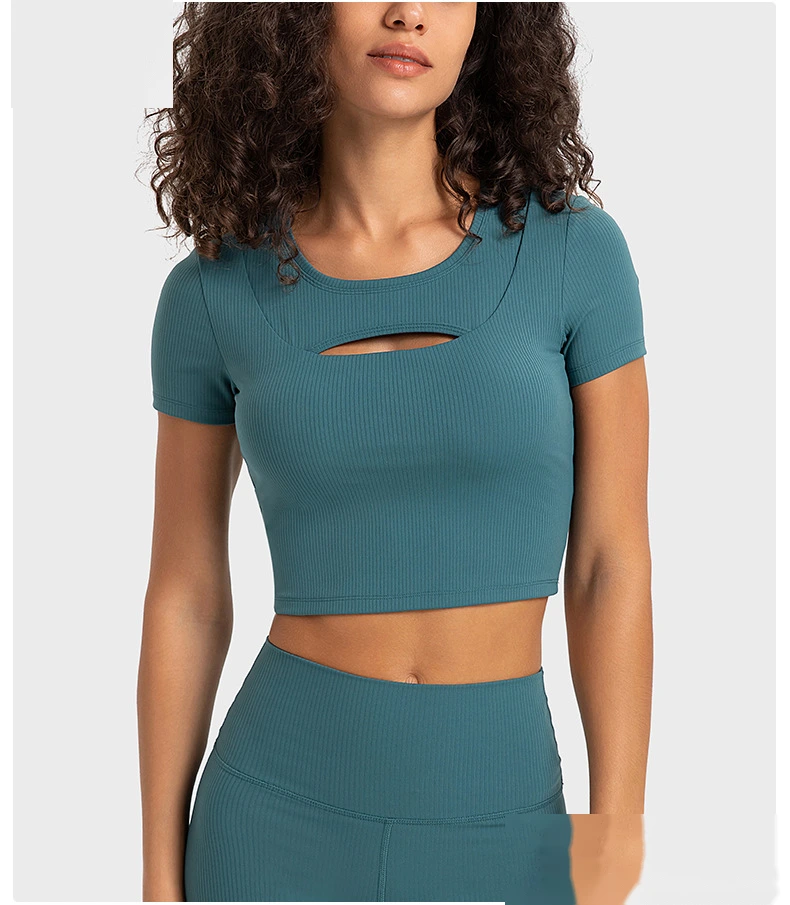 Customized rib sexy hollow short sports T-shirt women with chest pad slim yoga short sleeves detail