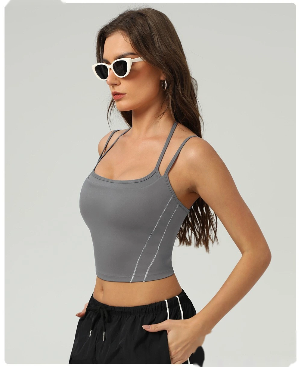 Customized nude contrast top tight waist outdoor sports bra women's thin shoulder strap vest suspender bra detail