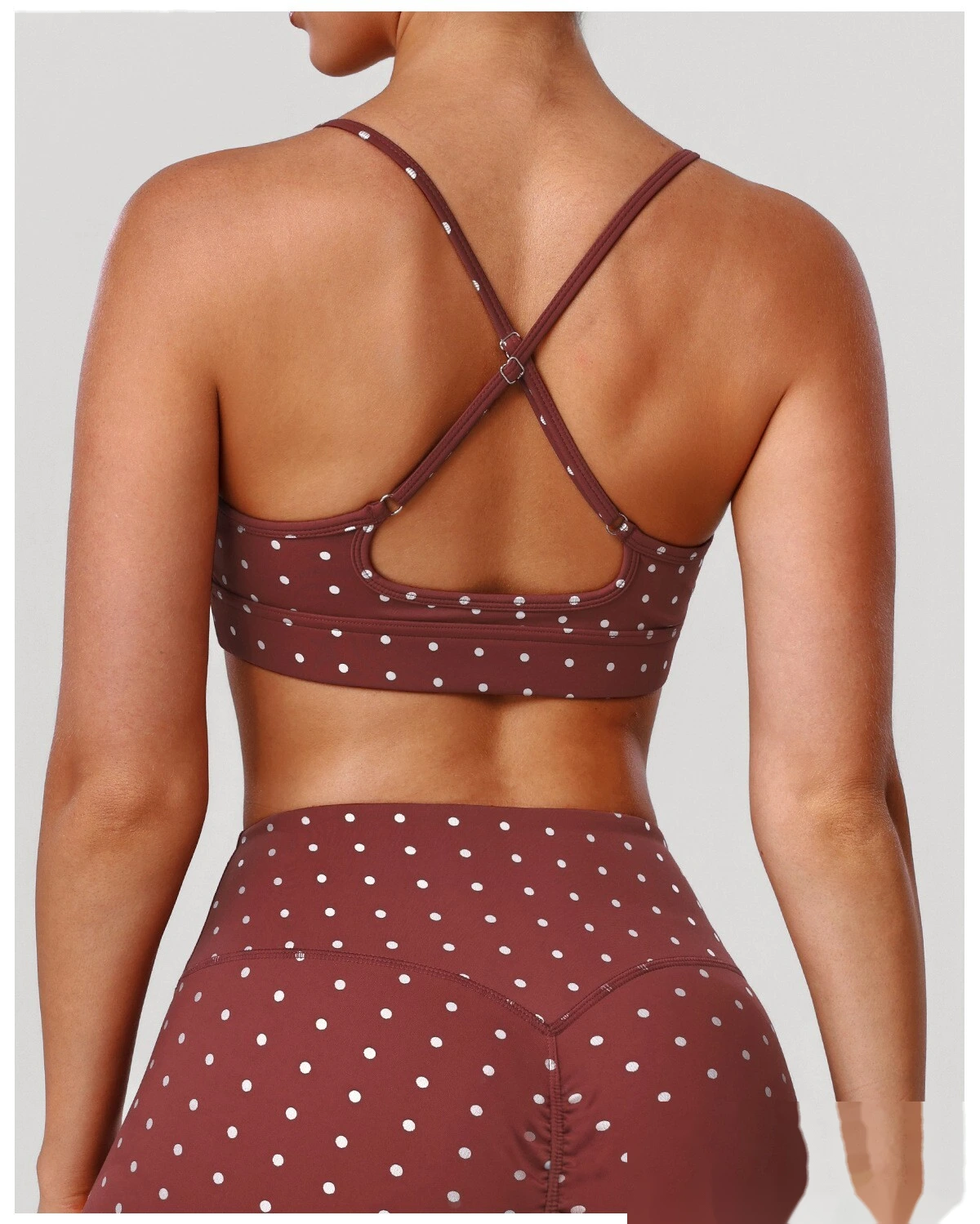 Women's US/EU Thin Strap Yoga Bra - Customizable Silver Hot-Stamped Polka Dot Shockproof High-Elastic Fitness Bra detail