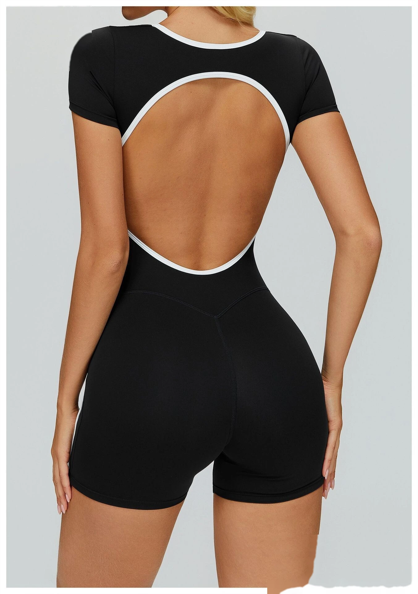 Custom Naked-Feel Yoga Jumpsuit - Women’s Color Block Openwork Cutout Back Tight Fitness Running Bodysuit detail