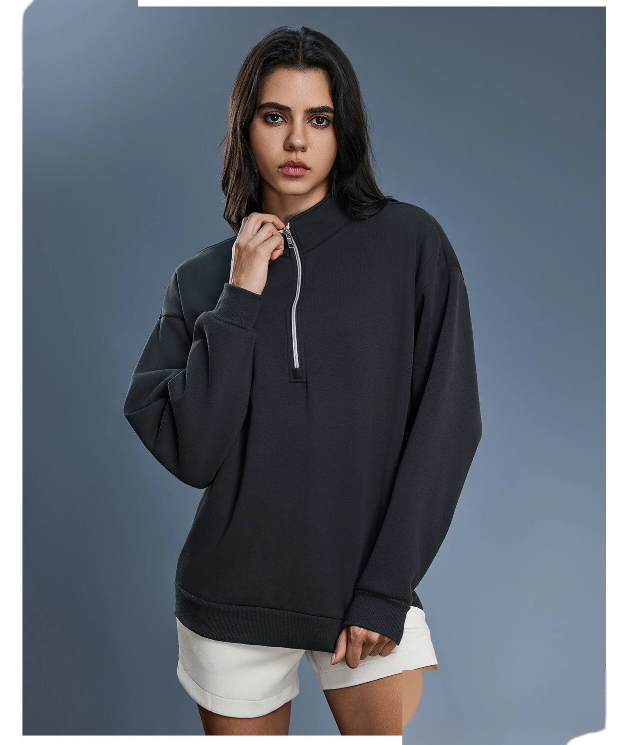 Custom Women's Winter Half-Zip Sweatshirt | Fleece-Lined Stand Collar, Loose Fit & Warm detail