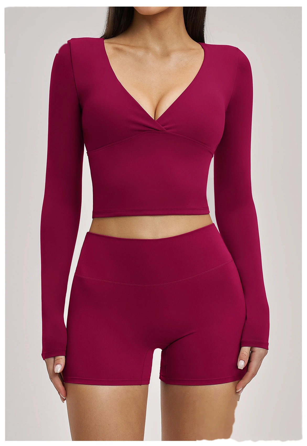 Women’s Custom Spring Summer High Stretch Slim Fit V-Neck Long Sleeve Yoga T-Shirt Fitness Workout Top detail