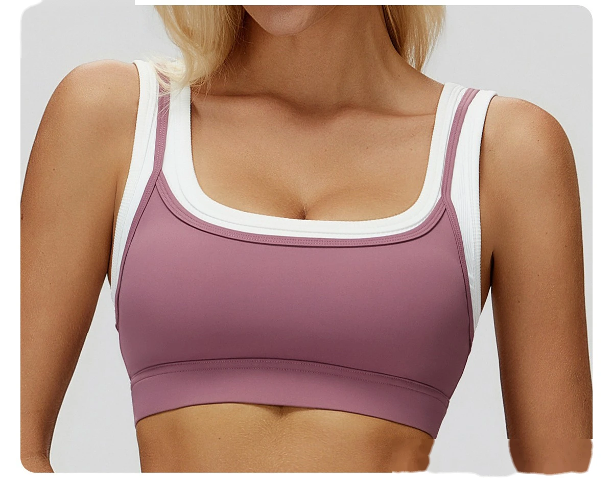 Customizable Naked-Feel Yoga Bra | Women's Fake Two-Piece Ribbed Contrast, Fitness & Running Style detail