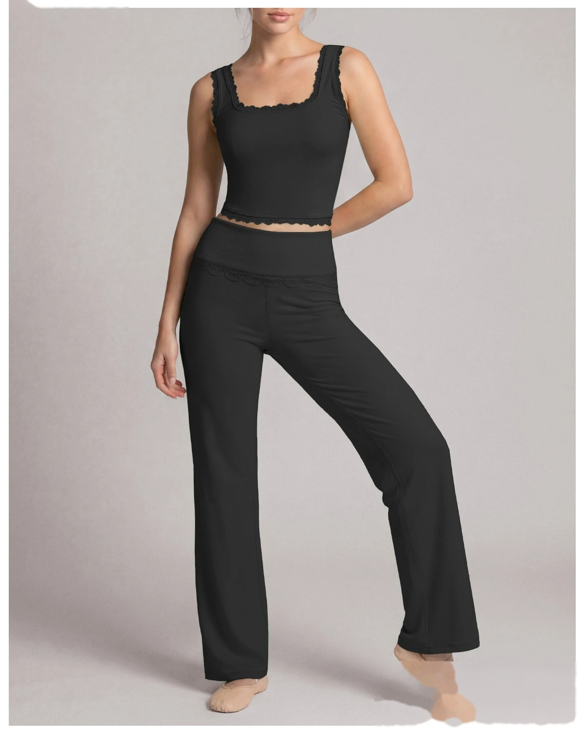 Custom 2 Piece Yoga Set, Lace Spliced Top & Straight Wide Leg Pants, Soft Stretch Activewear Outfit for Dance Training detail