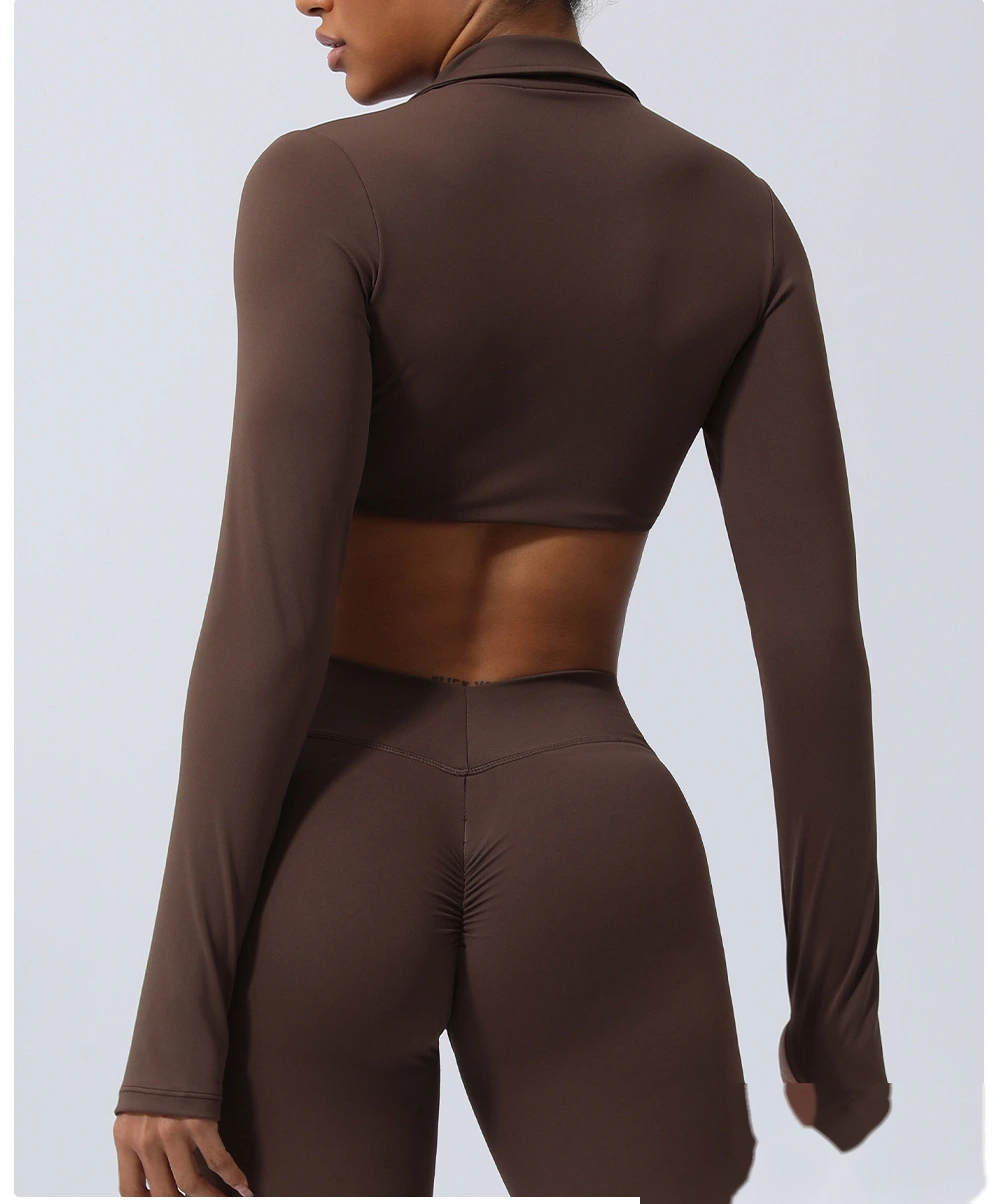 Custom-made nude lapel twisted sports shirt sexy navel yoga clothes long sleeve T-shirt detail