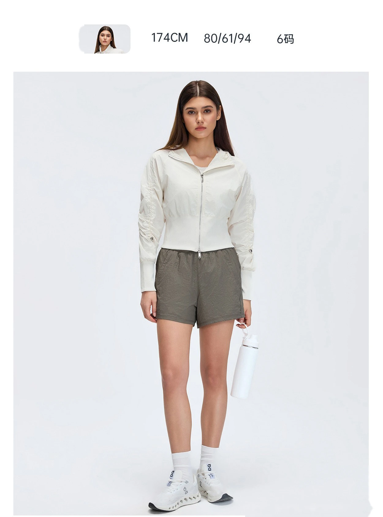 Bulk Custom Cropped Windproof Jacket - Women's Ruched Waist Slimming Hooded Zip-Up Casual Coat detail
