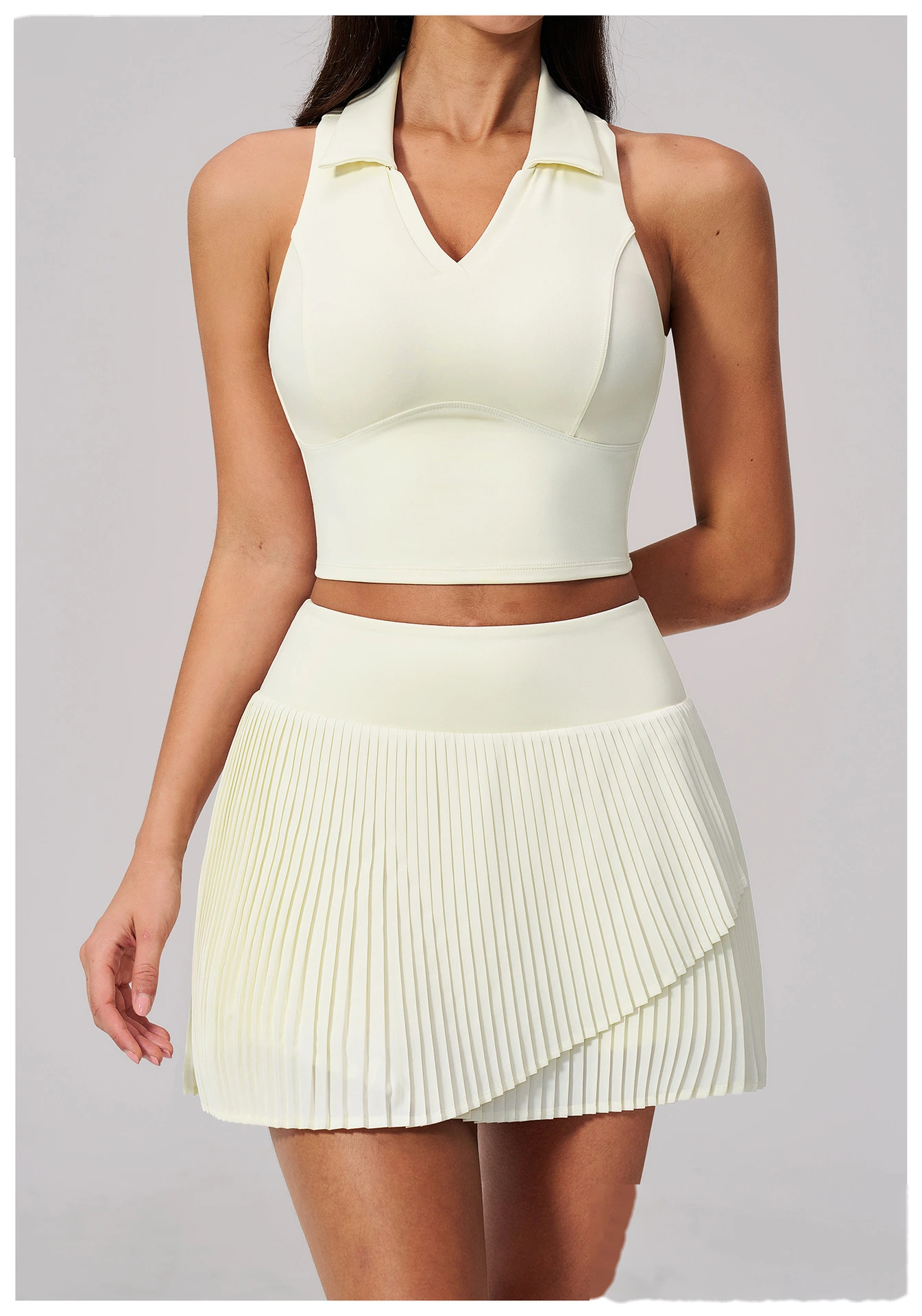 Women Summer Activewear Suit, Stretch Yoga Top + Anti-Exposure Pleated Tennis Skirt, Lightweight Fitness Outfit detail